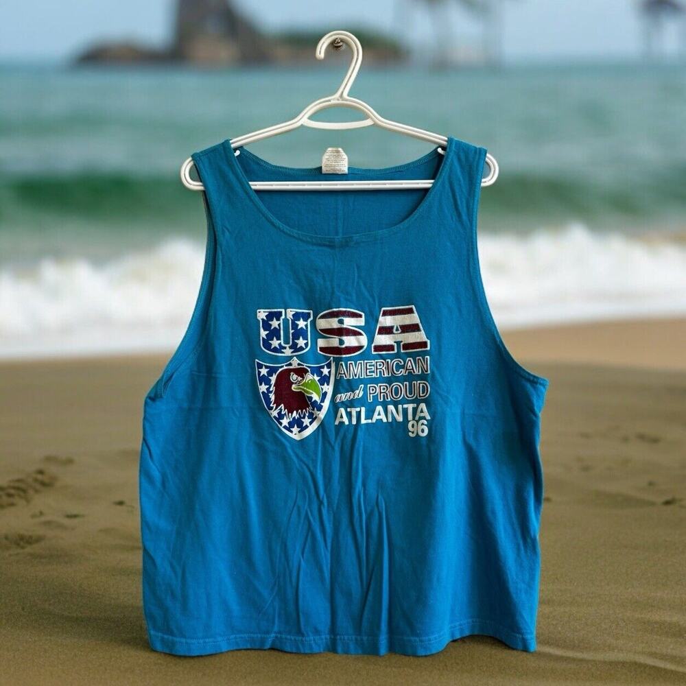 Vtg USA Atlanta ‘96 Turquoise Tank Top Sleeveless Shirt Home Town Tees Mens L